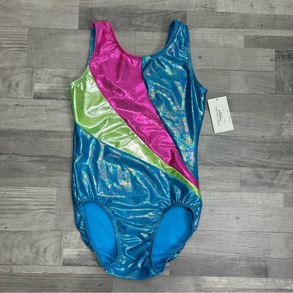 Girls' Shimmery Blue Pink & Lime Metallic Leotard